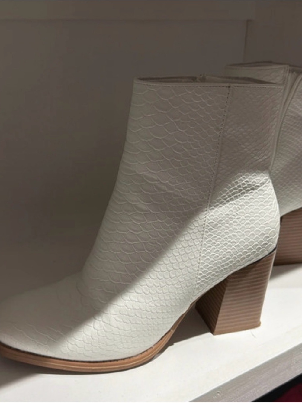 White Textured Block Heel Ankle Boots